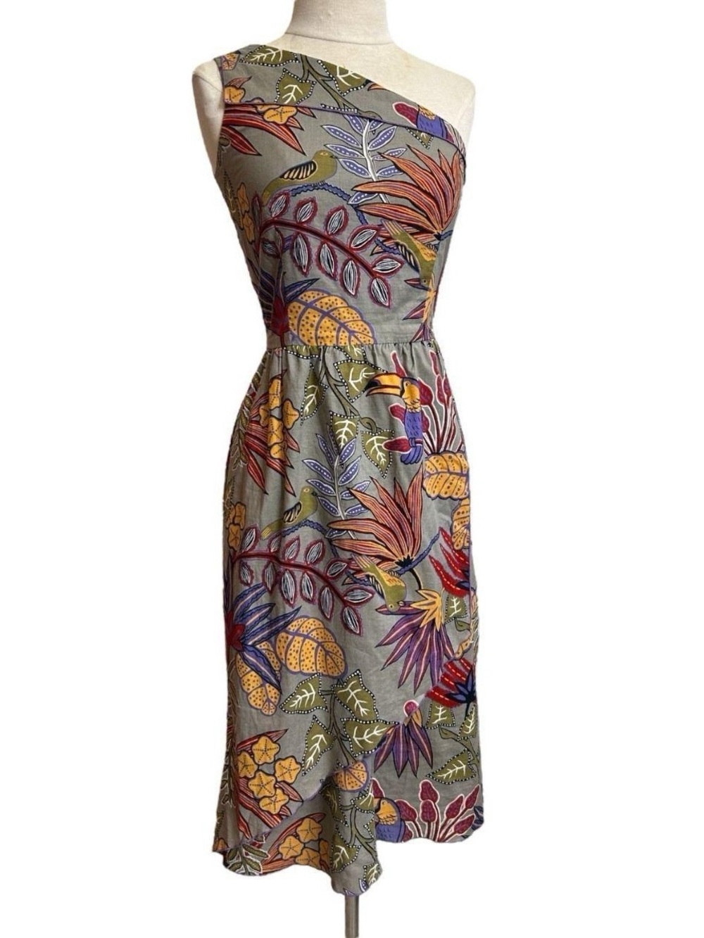 70s vintage tropical novelty print dress asymmetrical one shoulder midi.
